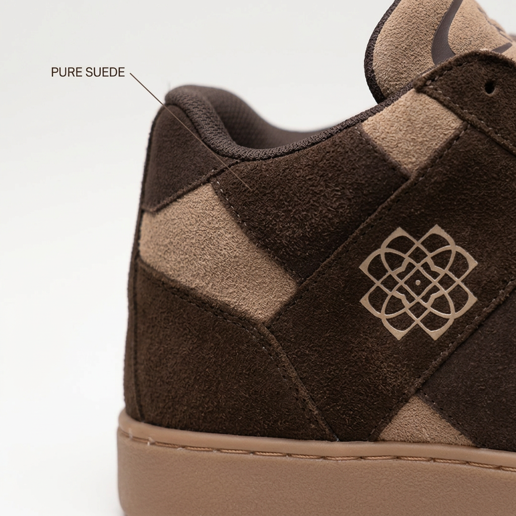 Labelled macro of CHRN suede texture with a fine pointer to the suede panel